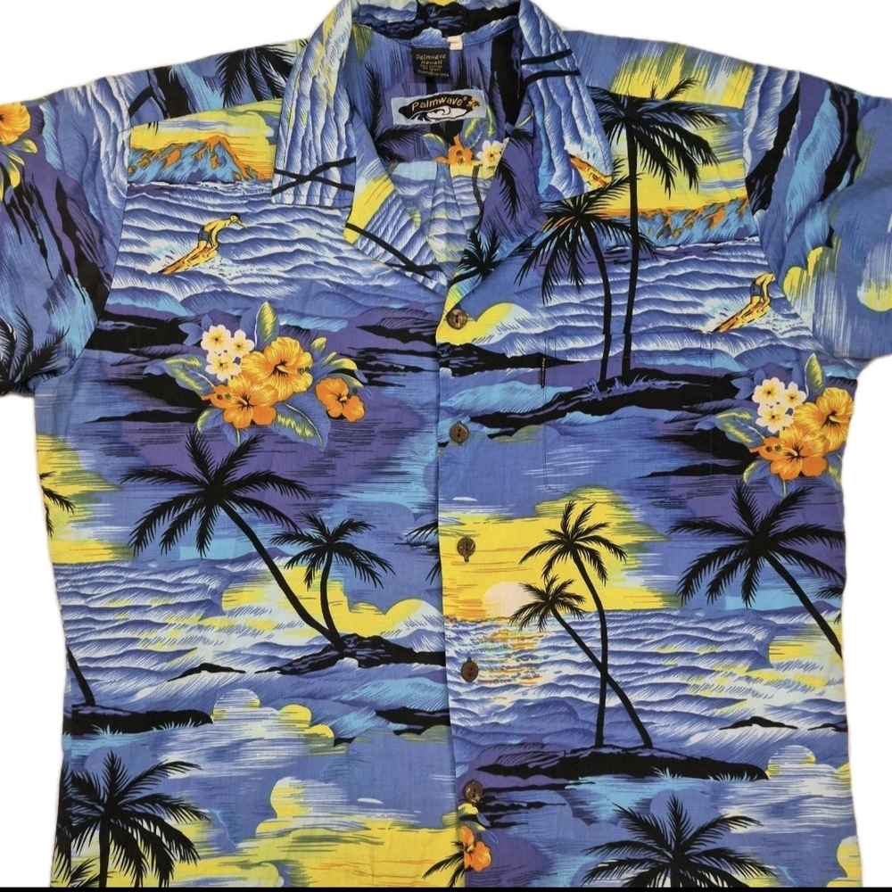 Palm Breeze Hawaiian Button-Down Shirt - Blue & Yellow